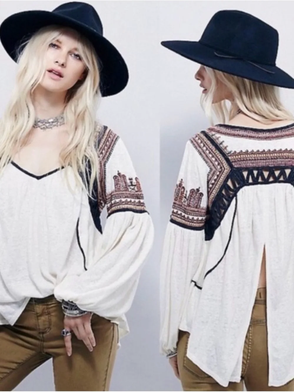 Free People Cream Snow Kisses - Boho Embroidered Tunic with Black Trim - Picture 1 of 16
